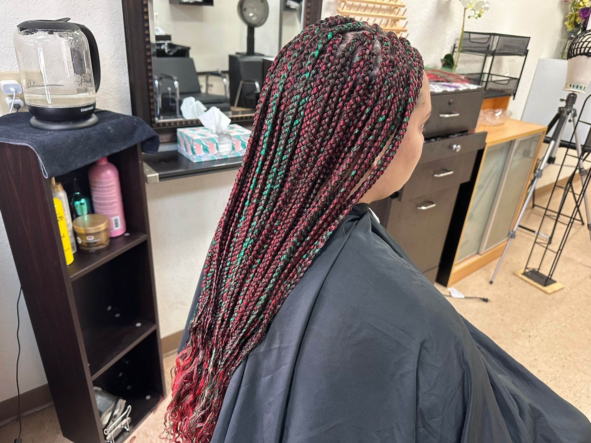 Long burgundy and teal ombre box braids